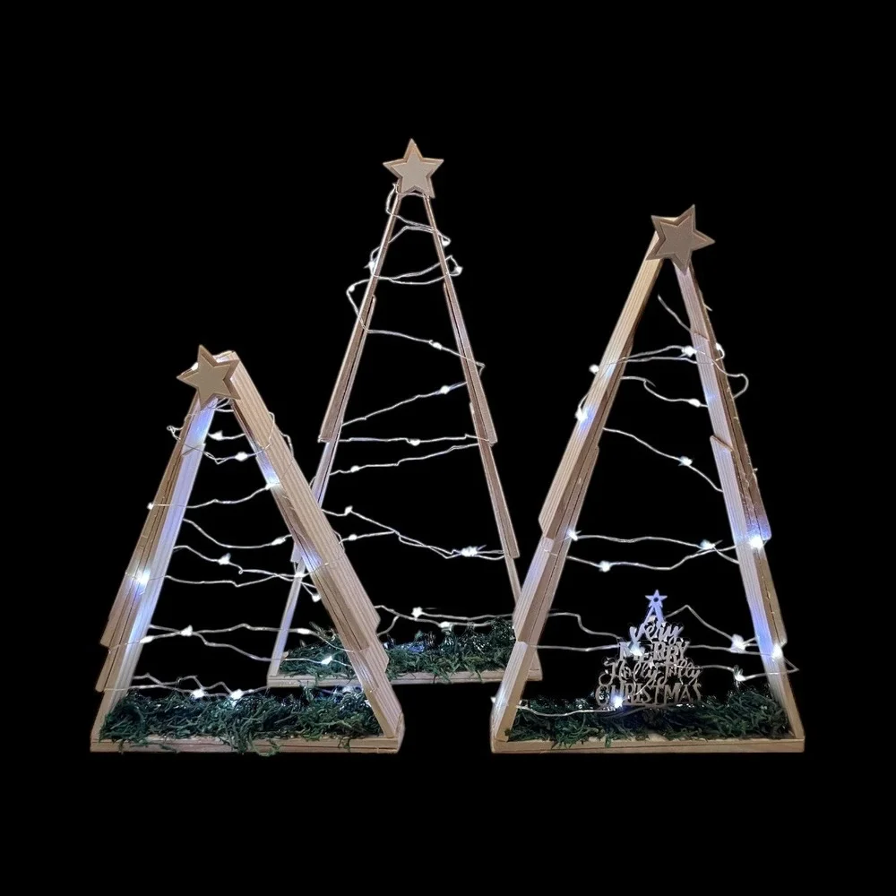 Set of‎ 3 Rustic Wooden Christmas Trees with Lights, 10, 13.5, 15 in. Heights